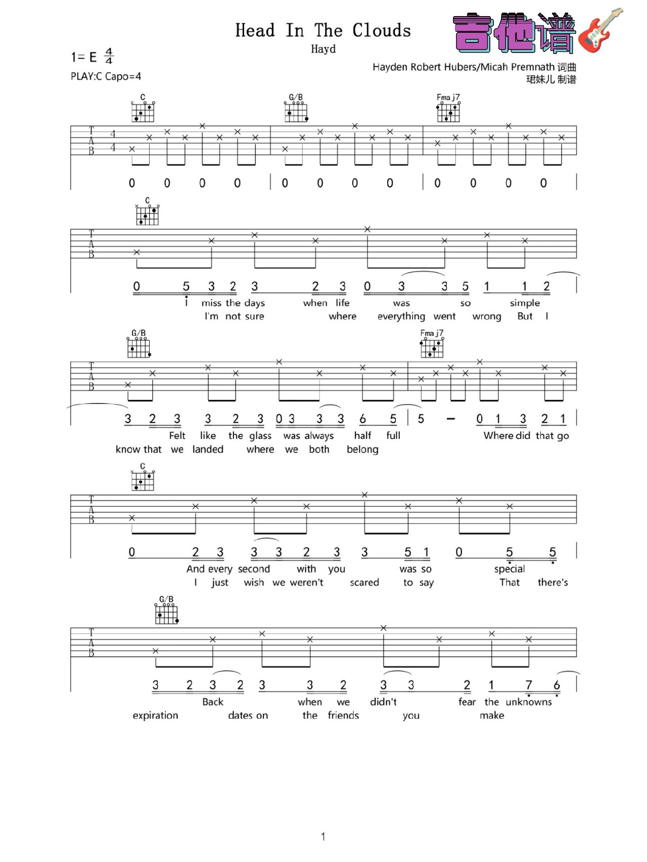 《head in the clouds》吉他谱