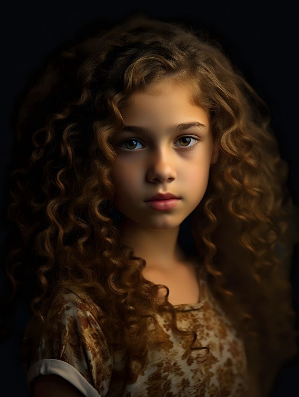 prompt:a young girl with curly hair poses for someone, in the