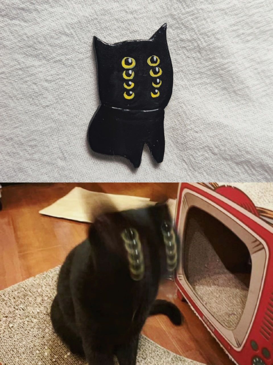 材料:石塑黏土 丙烯颜料 冲浪发现一个写轮眼黑猫表情包,尝试复刻做了