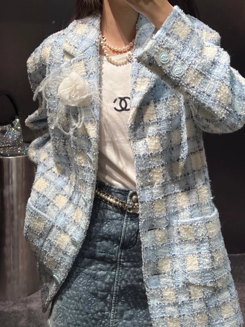 chanel22b冰蓝格纹外套 井柏然同款颜色好美