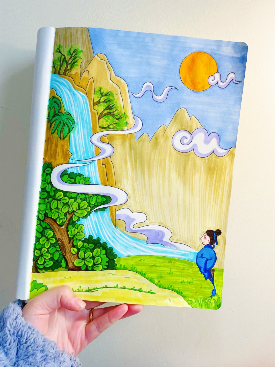 《望庐山瀑布》诗配画  二年级上册语文《望庐山瀑布》诗配画新鲜出炉