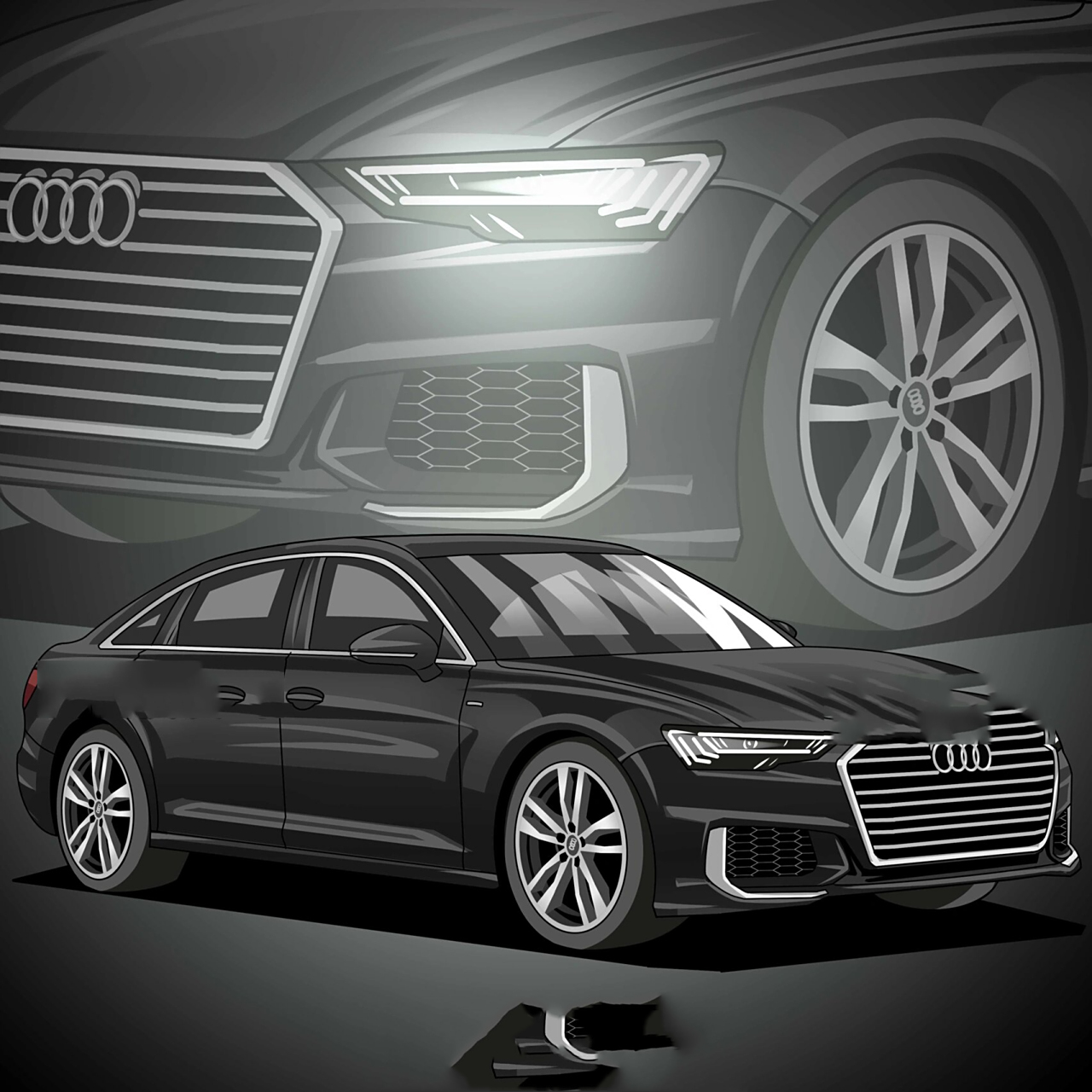 手绘汽车头像|奥迪 黑白系永恒的经典 客图分享,来图定制 来找我画车