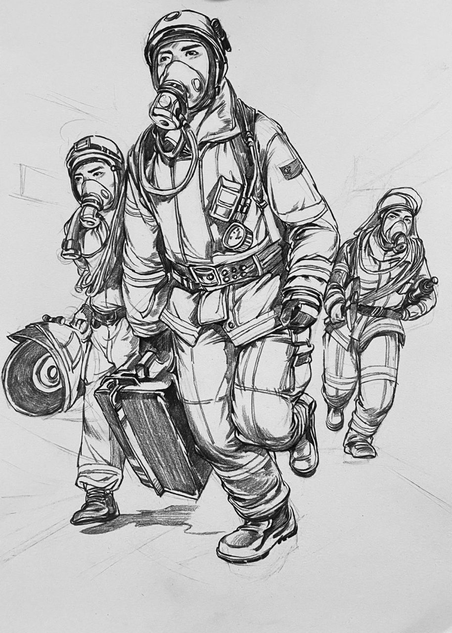 场景速写～(致敬消防英雄)   今天画的守护人民的消防英雄!