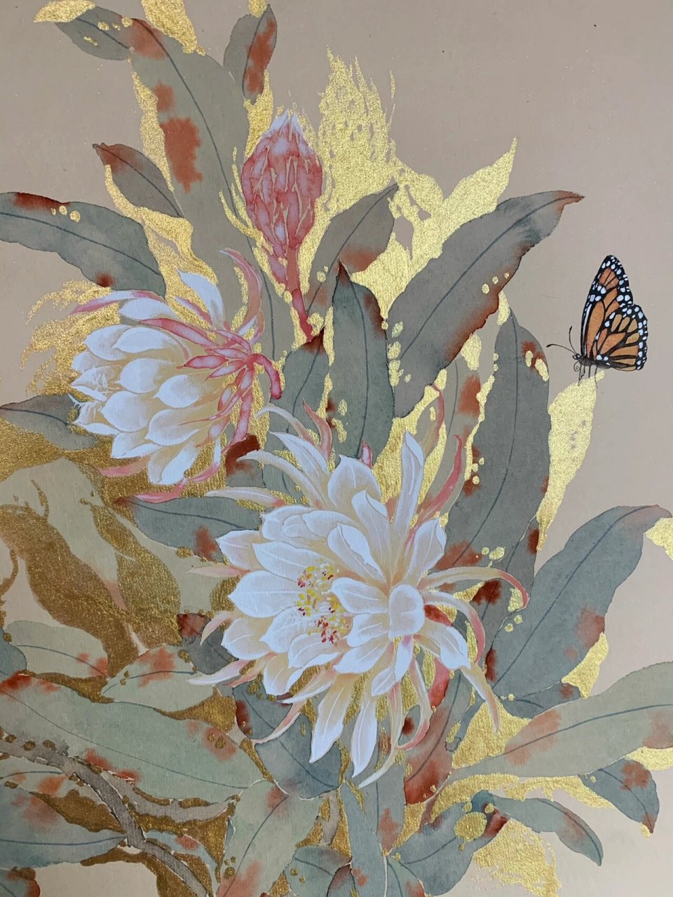 国画 昙花78挥金如铁画法 于夜晚开放洁白的昙花,刹那即永恒 寓意