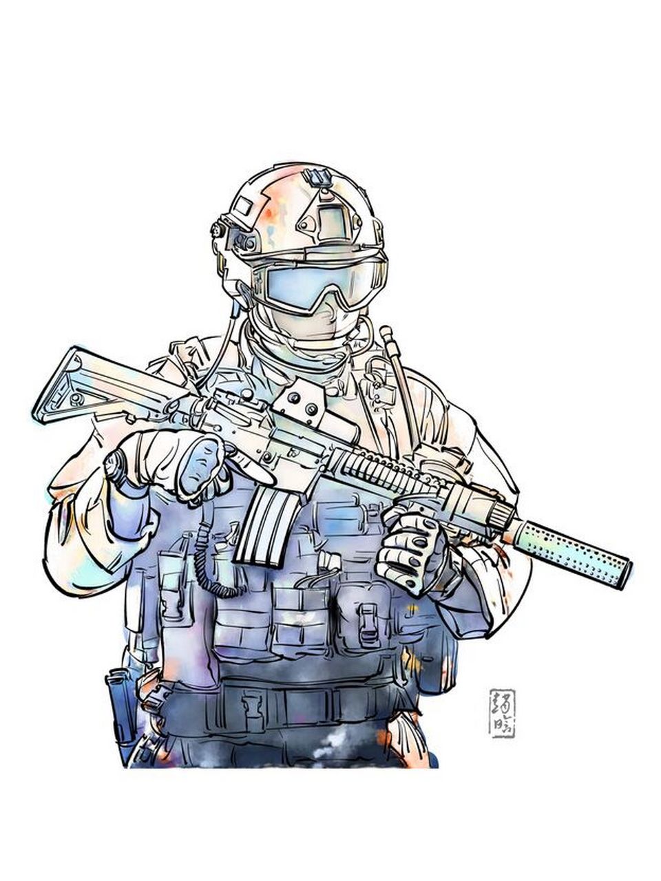 《特种部队12 钢笔淡彩人物画 白描 速写