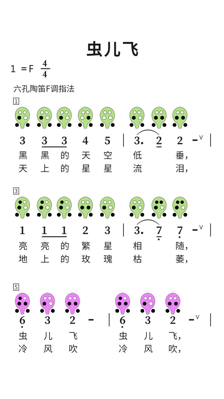 虫儿飞陶笛谱6孔图片