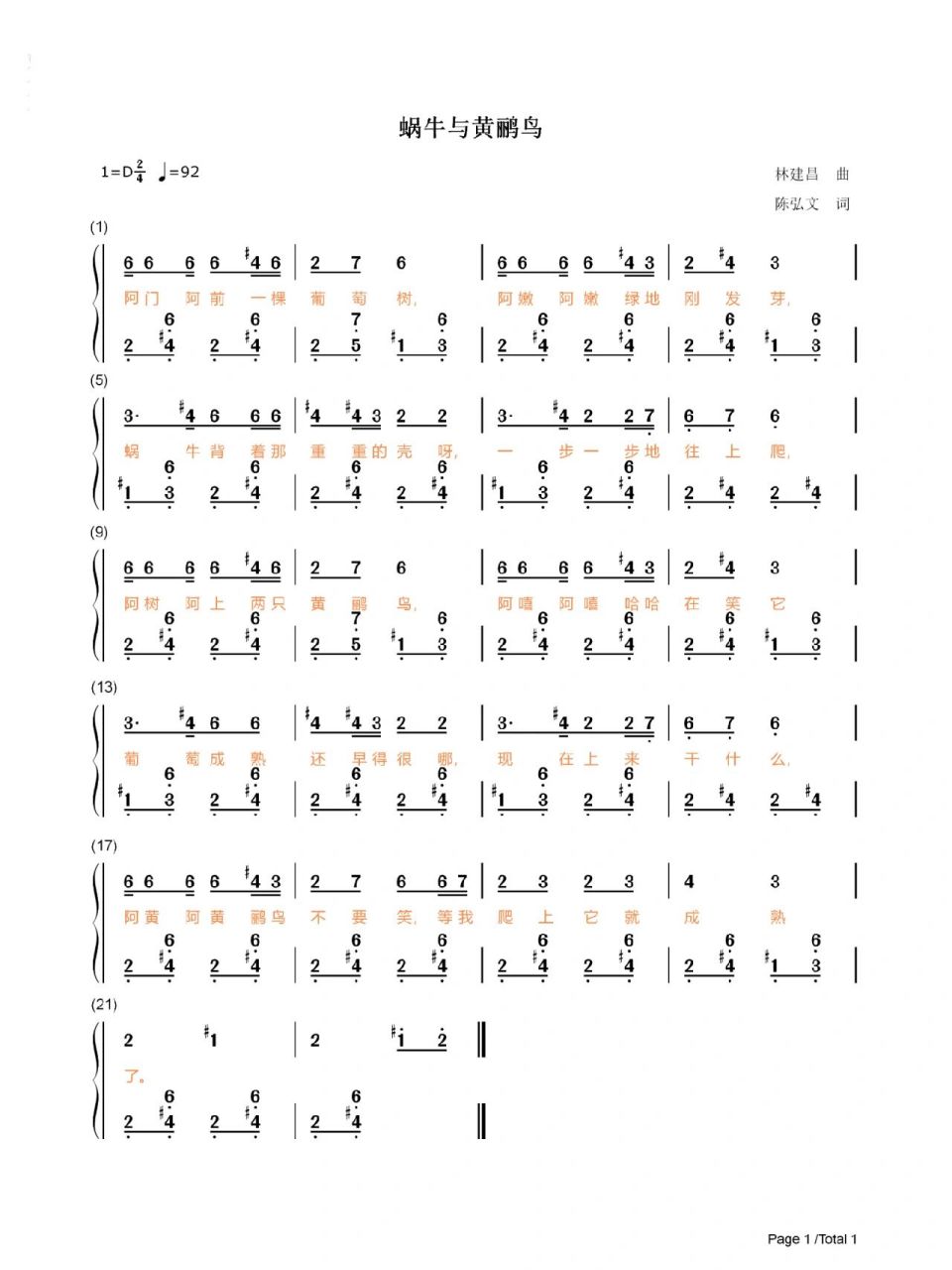 儿歌《蜗牛与黄鹂鸟》c,d,f大调双手简谱 第一张是c大调简谱 第二张是