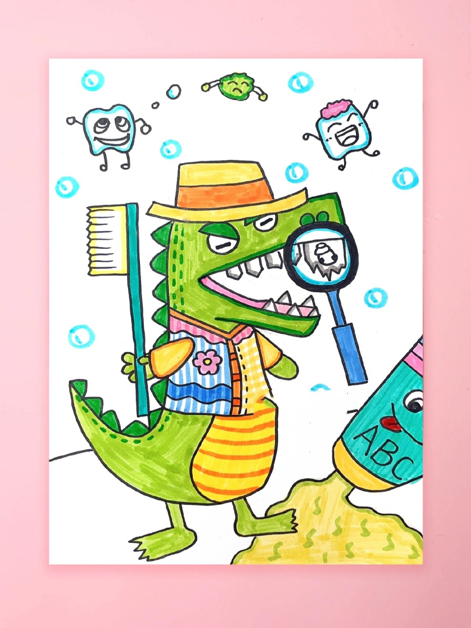小鳄鱼长蛀牙啦|创意画 小鳄鱼不爱刷牙,牙齿长蛀牙了,看完医生,立马