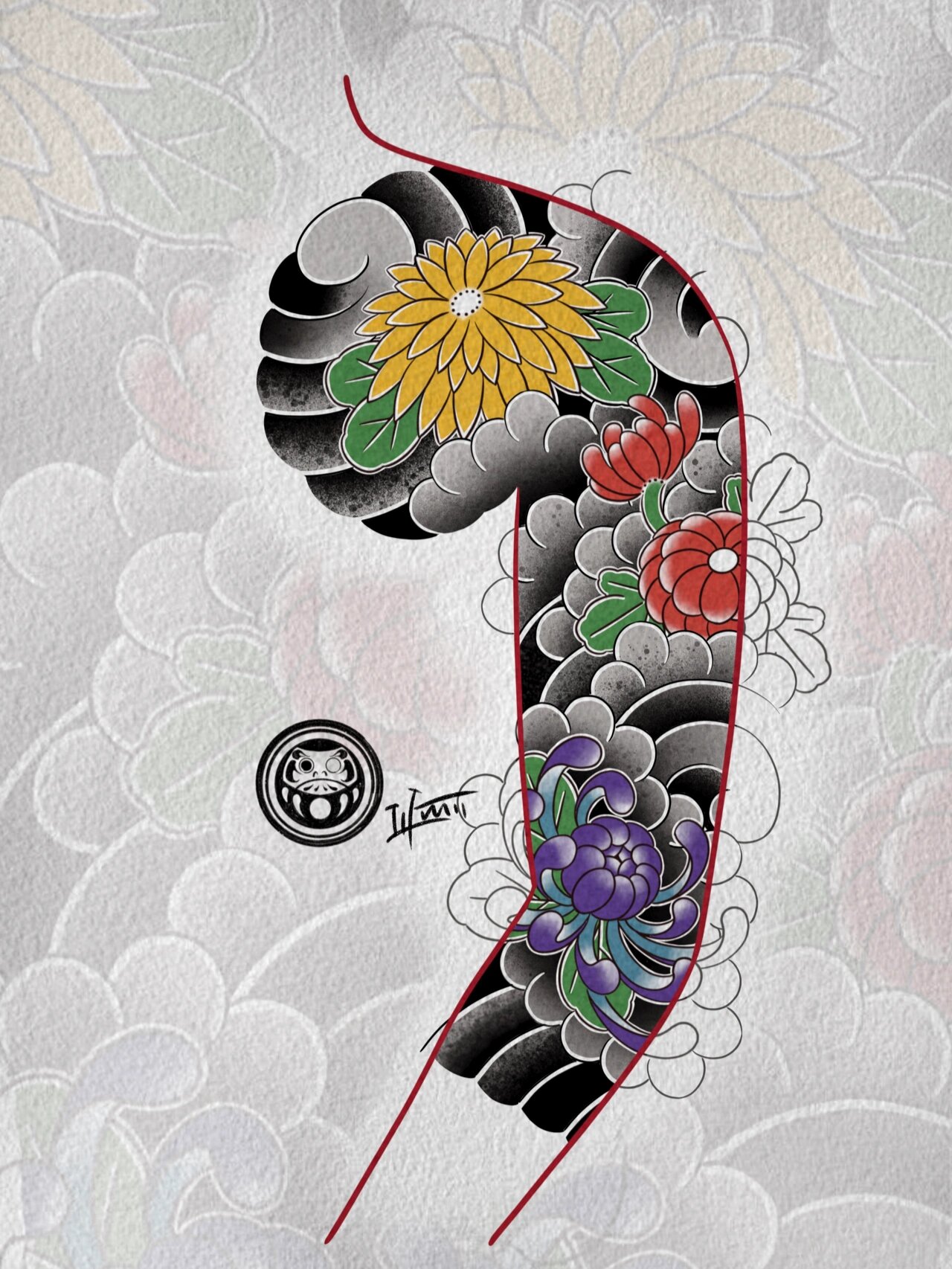 纹身手稿|菊花7分臂 客稿~ 74原创手稿 请勿盗用