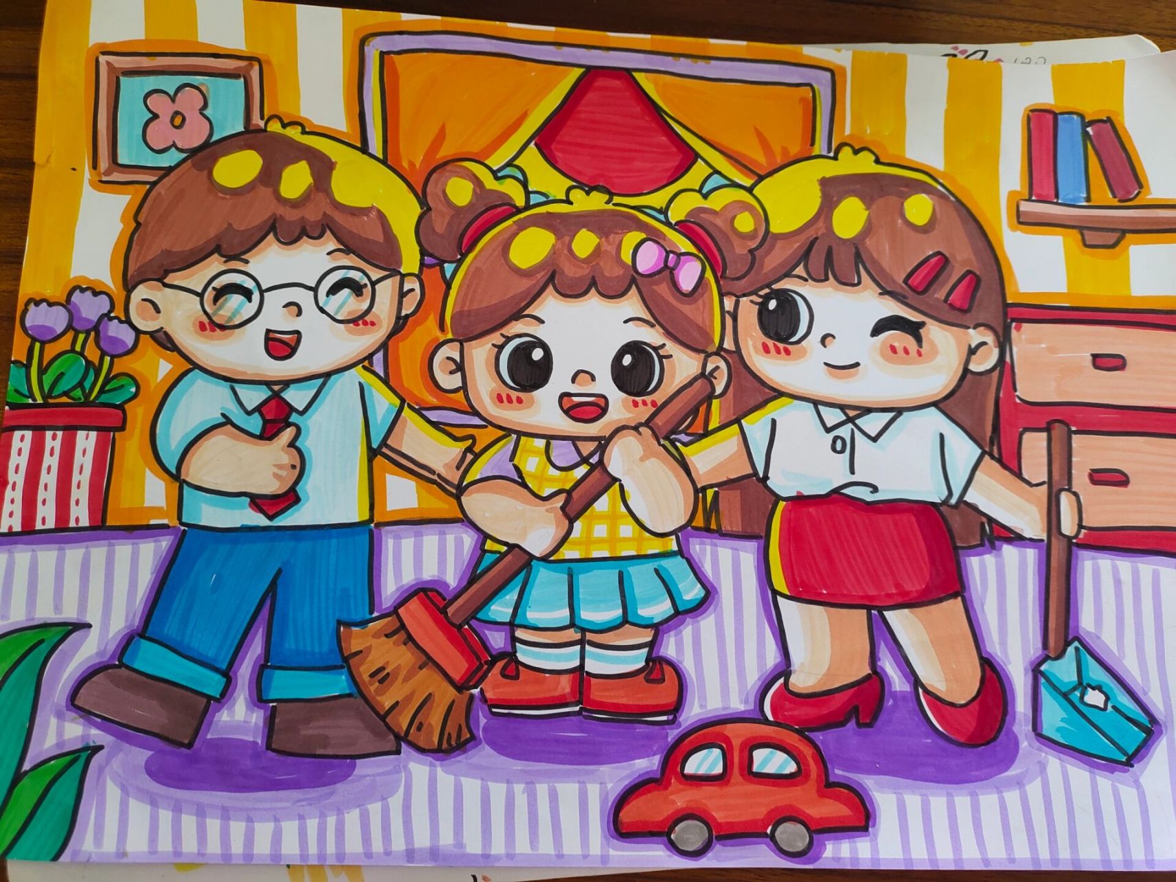 《我是爸爸妈妈的好帮手》《劳动最光荣》 原创,果然三人构图太费时间