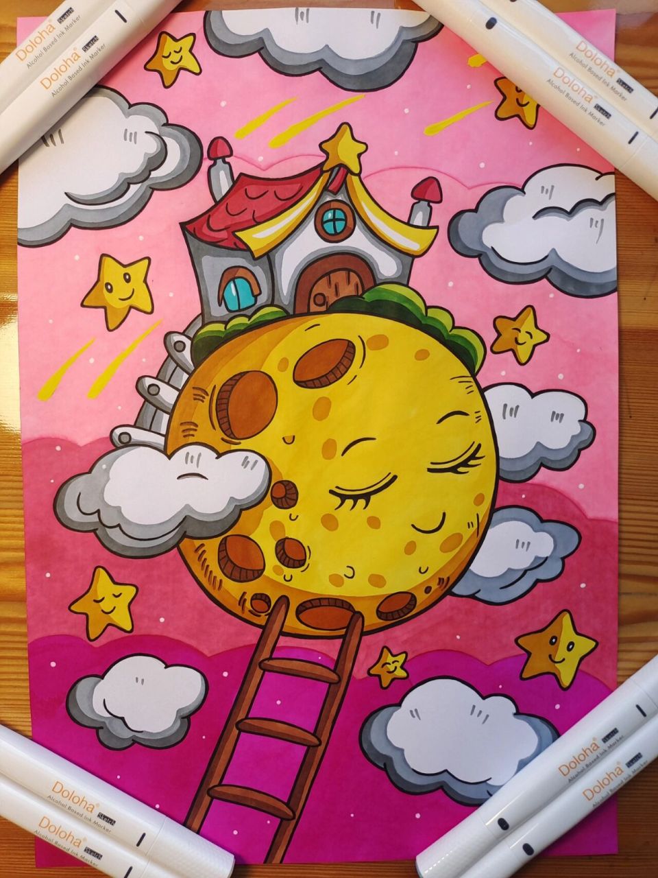 月球马克笔绘画(附原图) 月球马克笔儿童绘画,最后一张原图,临摹.