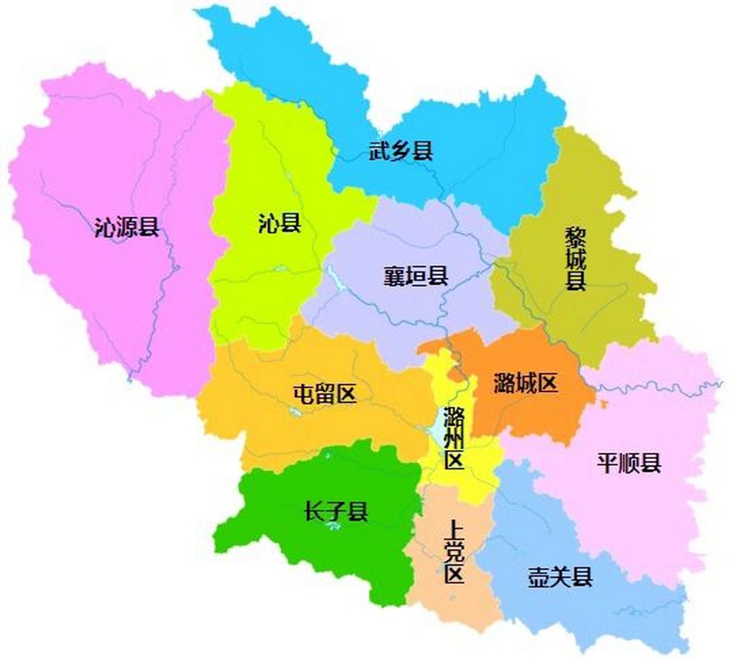 长治全市划分为 4个区:潞州区,上党区,屯留区,潞城区; 8个县:襄垣