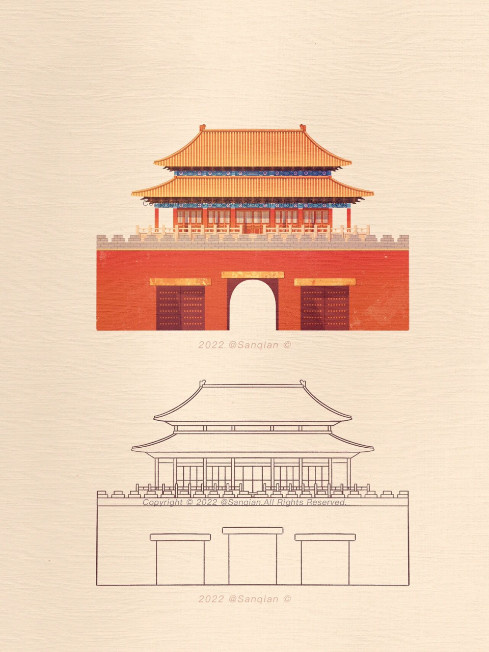 场景班课堂示范|古建筑插画·东华门(过程图