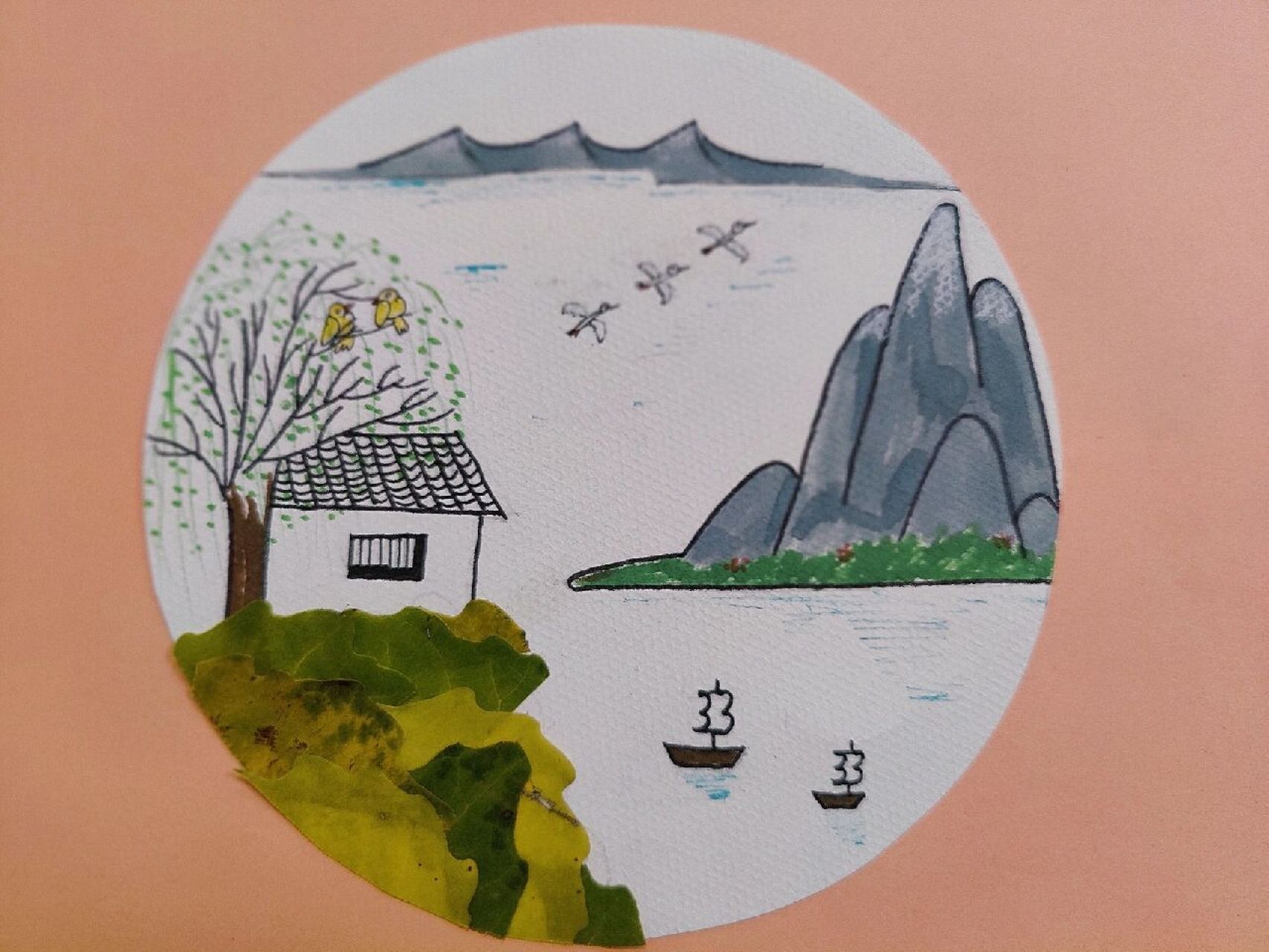古诗配画《绝句》 两只黄鹂在翠绿的柳树间鸣叫,一行白鹭直冲向蔚蓝的