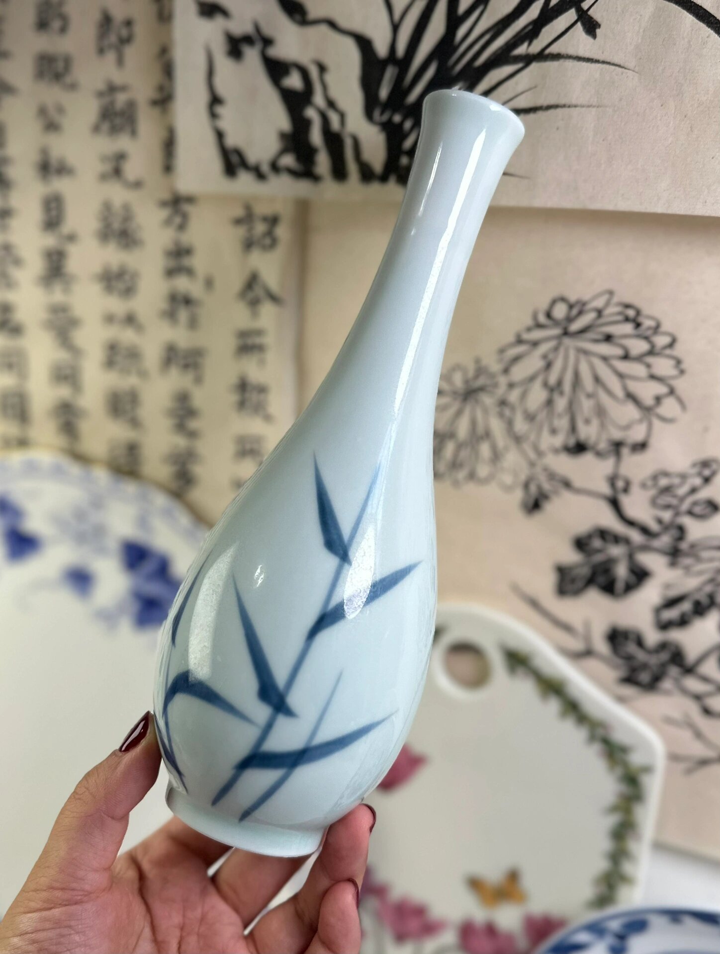 日本制|青瓷手绘竹纹观音玉颈瓶 瓶子优雅细腻,自带仙气.