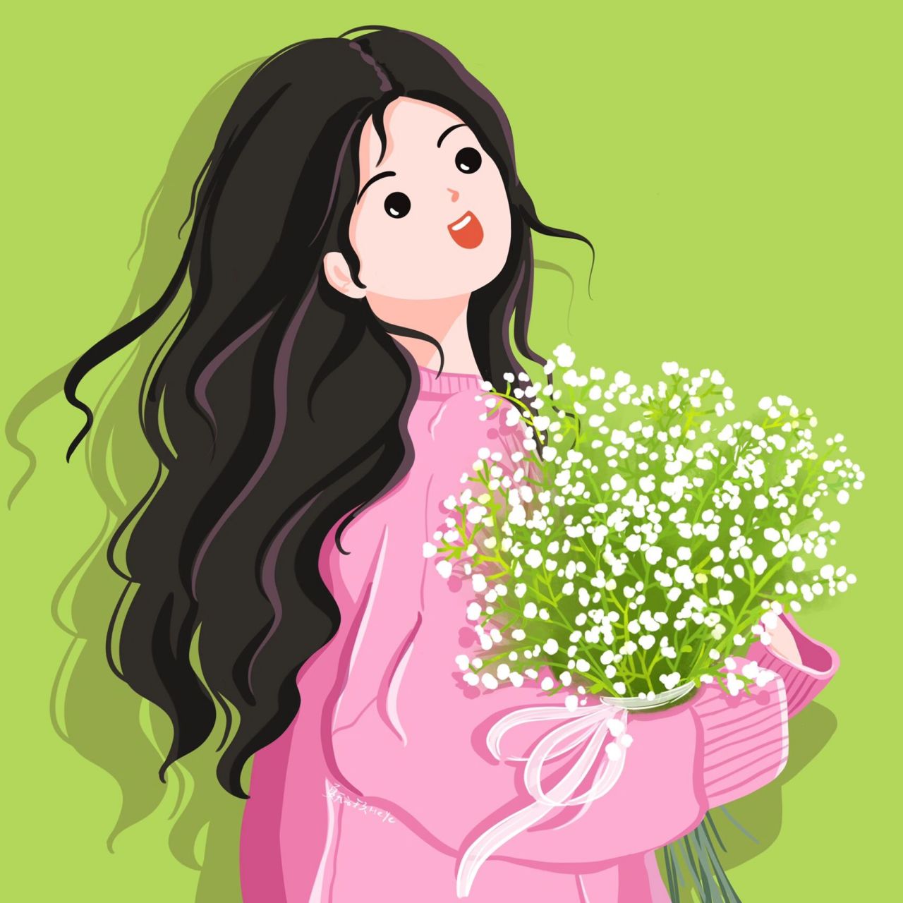插画头像 | 手捧满天星的可爱女生|无腮红版 满天星,繁花似锦觅安宁