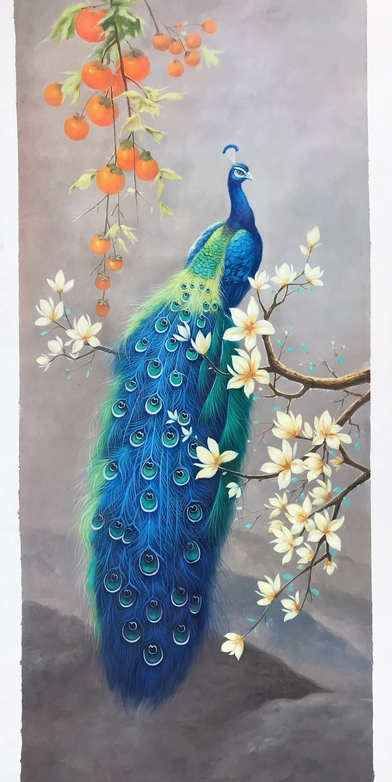 花开富贵 手绘油画蓝孔雀