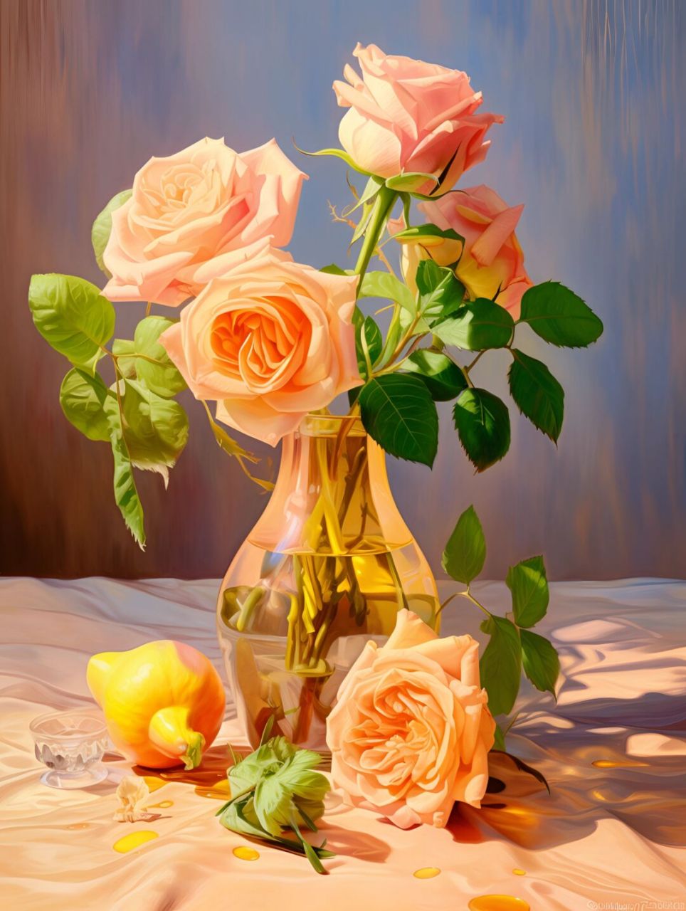 prompt:oil painting of a rose and flower vase in vray tracing