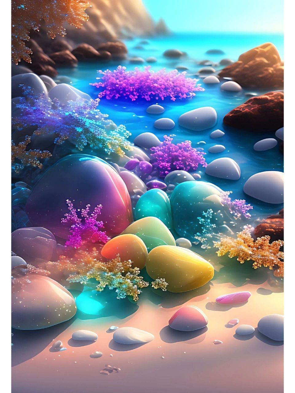 美丽的海滩,晶莹剔透五彩的鹅卵石 体积光
