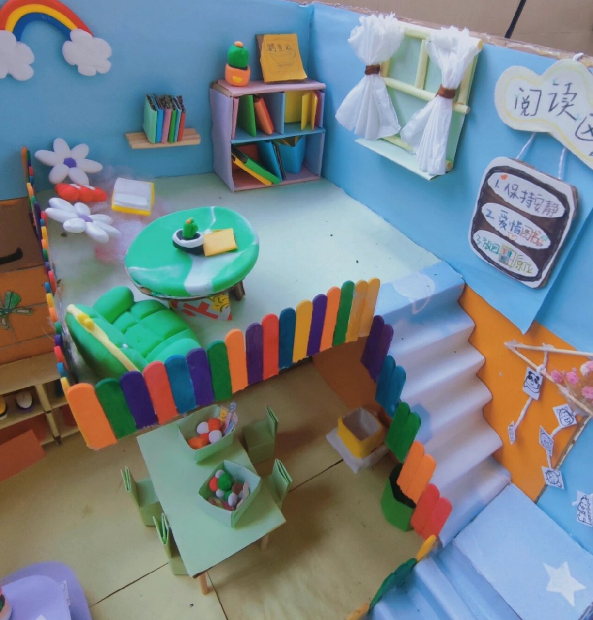 社会领域:甜品区 健康领域:彩虹跑道 艺术领域:美工区 语言领域:阅读