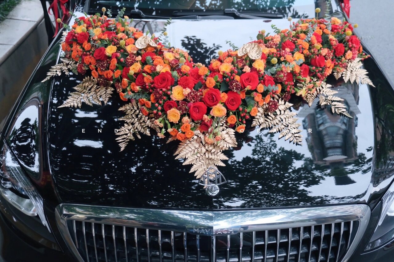 大气豪华v字婚车装饰鲜花车头 十月婚礼季