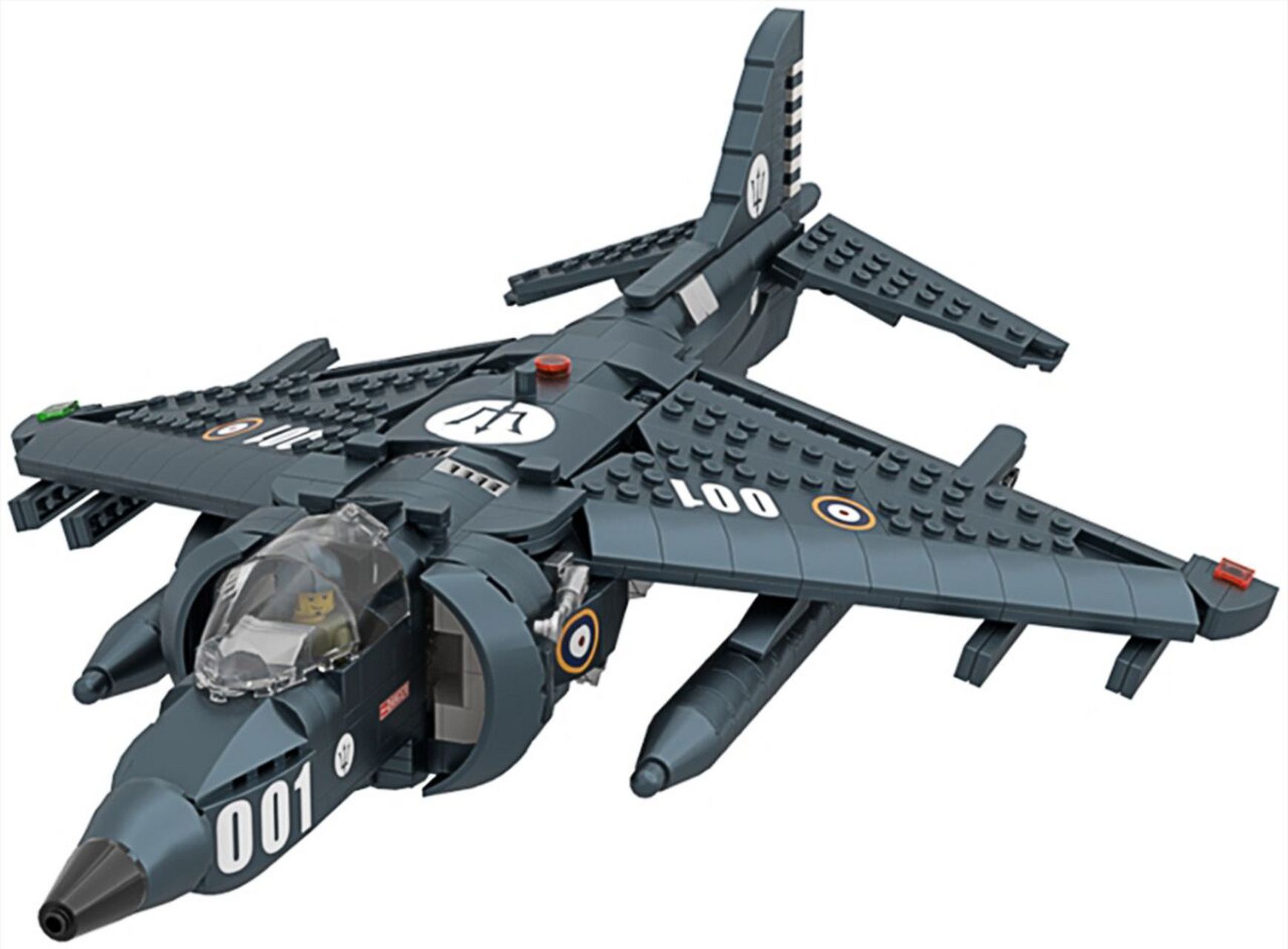 使用乐高颗粒还原飞机细节,加大机翼,机翼下两个可以旋转的发动机喷管