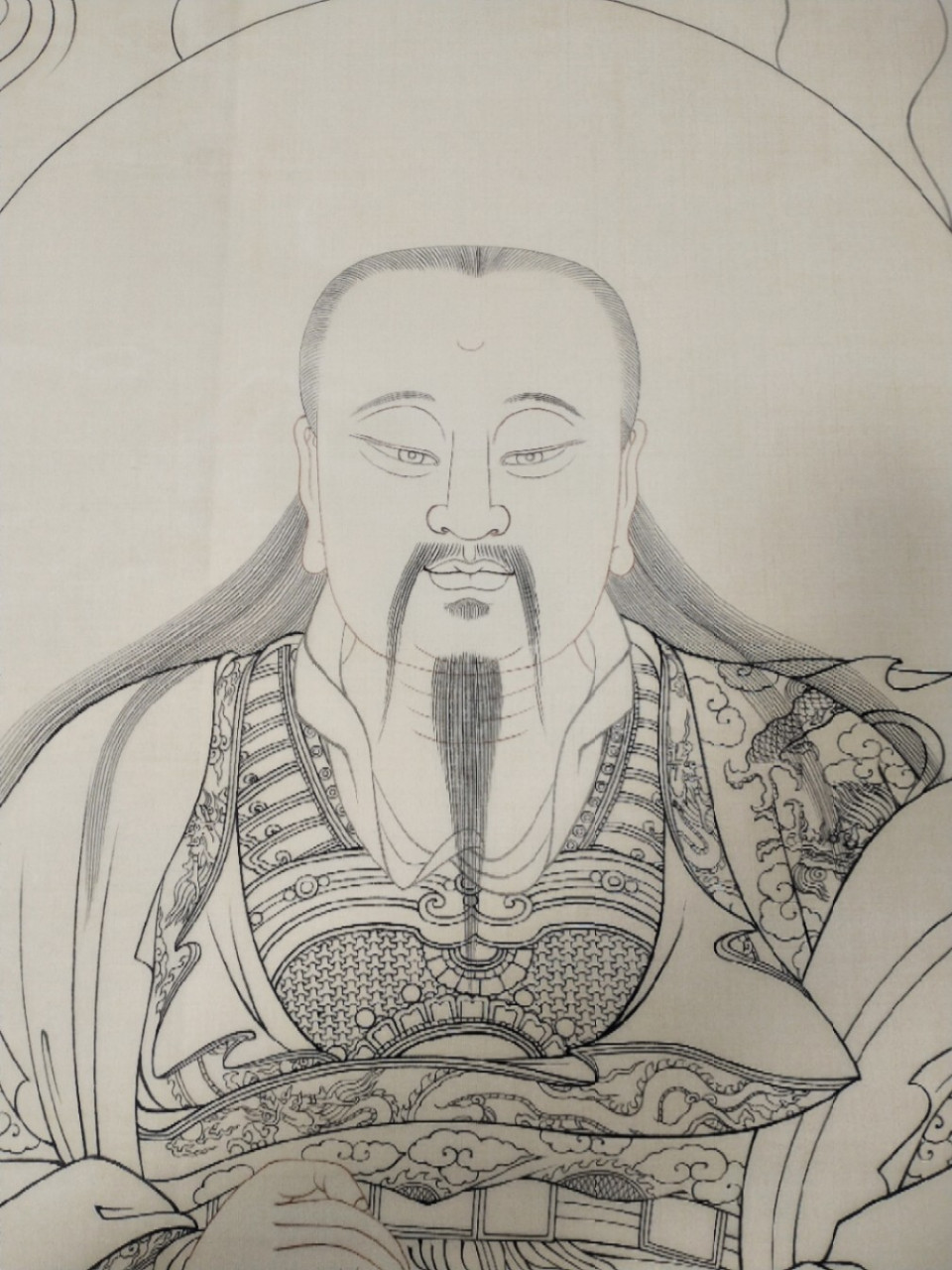 真武大帝白描絹本完成,下一步重彩設色. 玄天上帝,福生無量天尊.