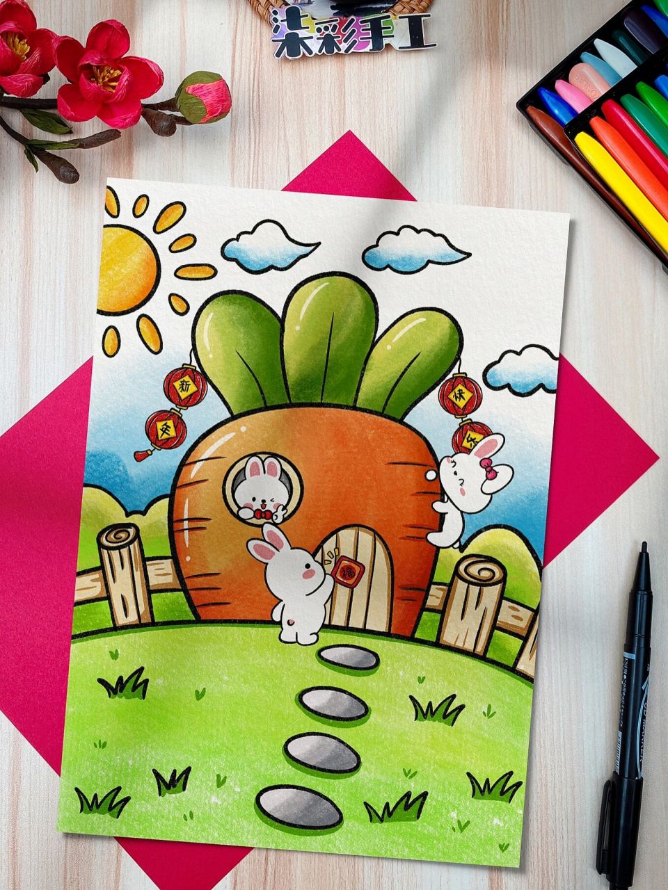 新年主题画 过年啦小兔子也装扮起了萝卜房子,你觉得好看吗,一起来画