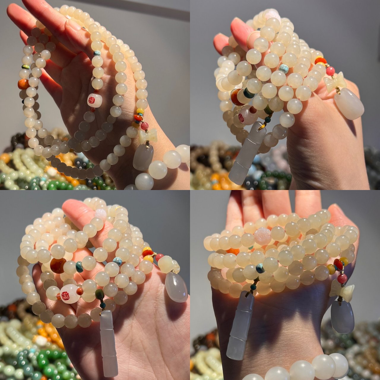 和田玉野牛沟蜂蜜水藕粉多圈108手串项链 可以作为标本色收藏的野牛沟