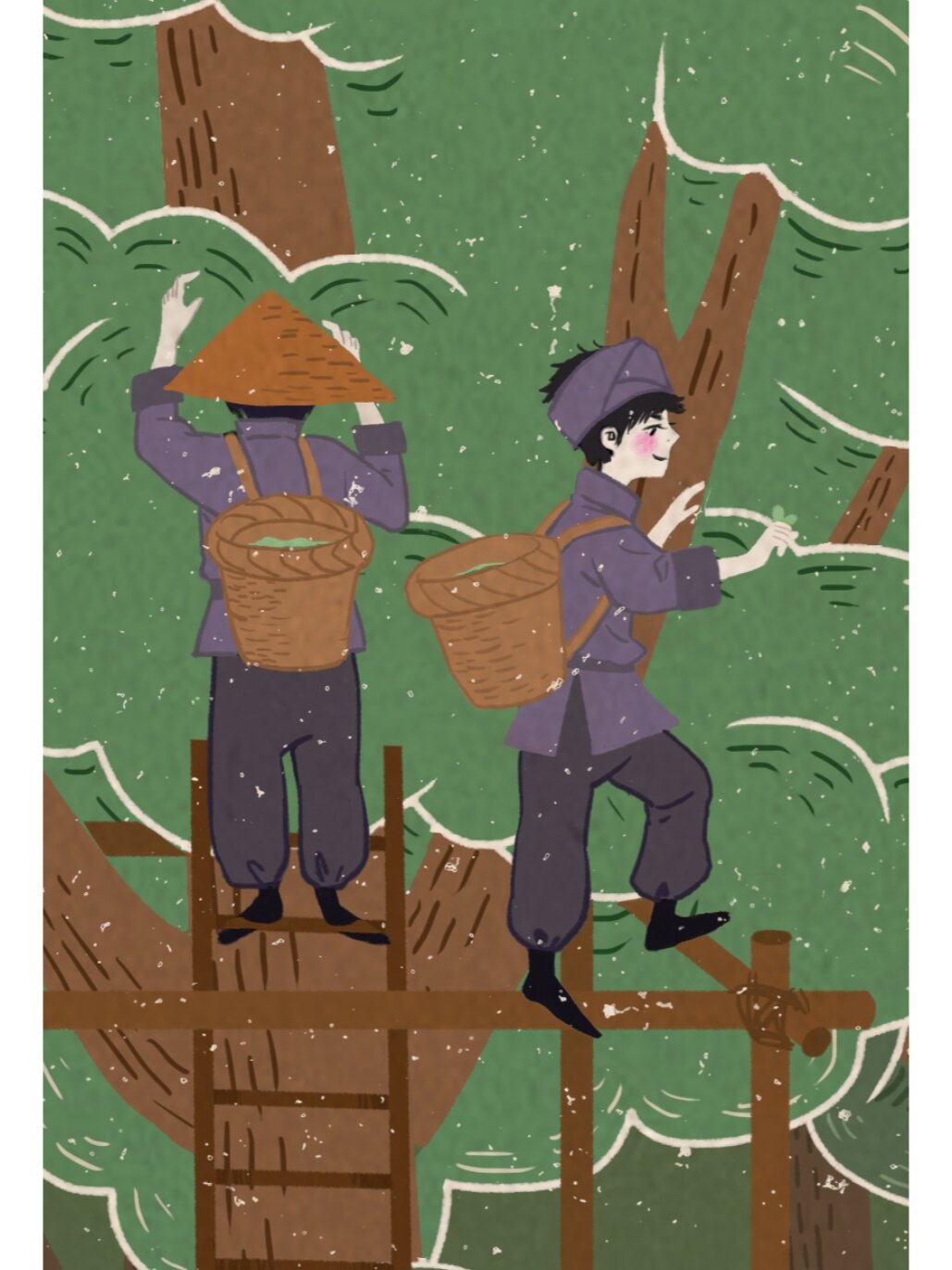 云南普洱茶系列插画之《采茶》 对于云南的茶农来讲,对茶的感情是笃厚