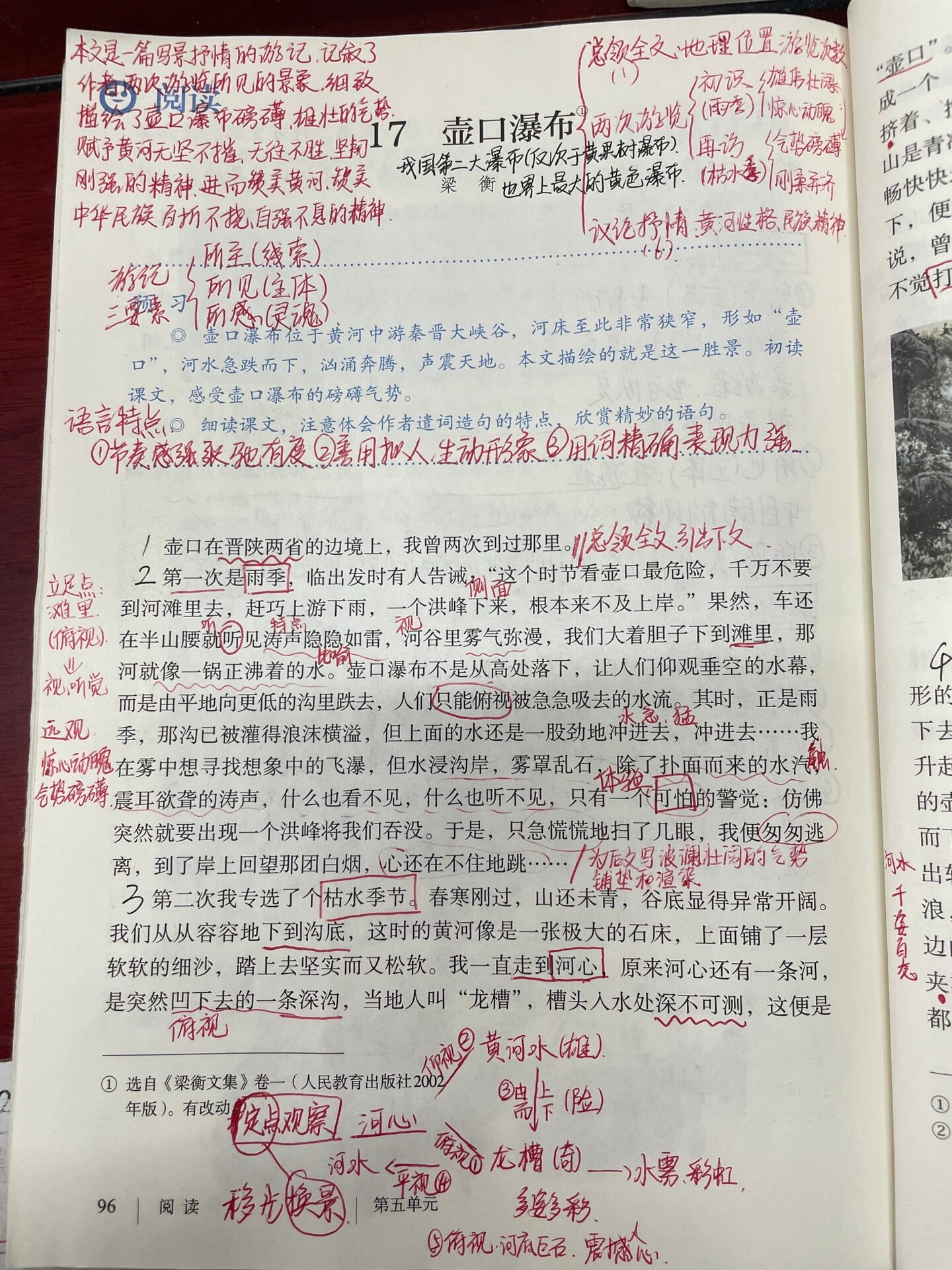 文章结构,首先开头总领全文,引出下文;然后分别讲雨季和枯水季壶口