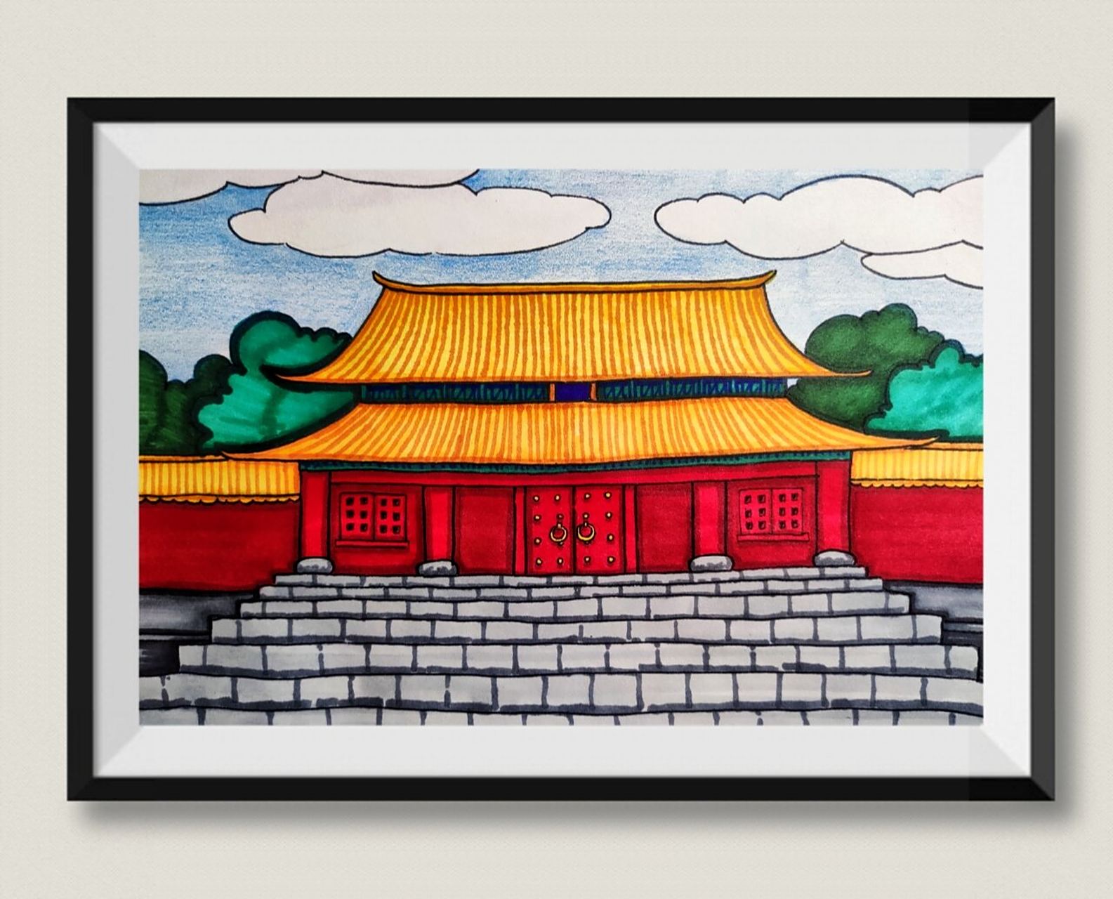 [儿童画]故宫 纸类:素描纸 材料:铅笔,橡皮,勾线笔,马克笔