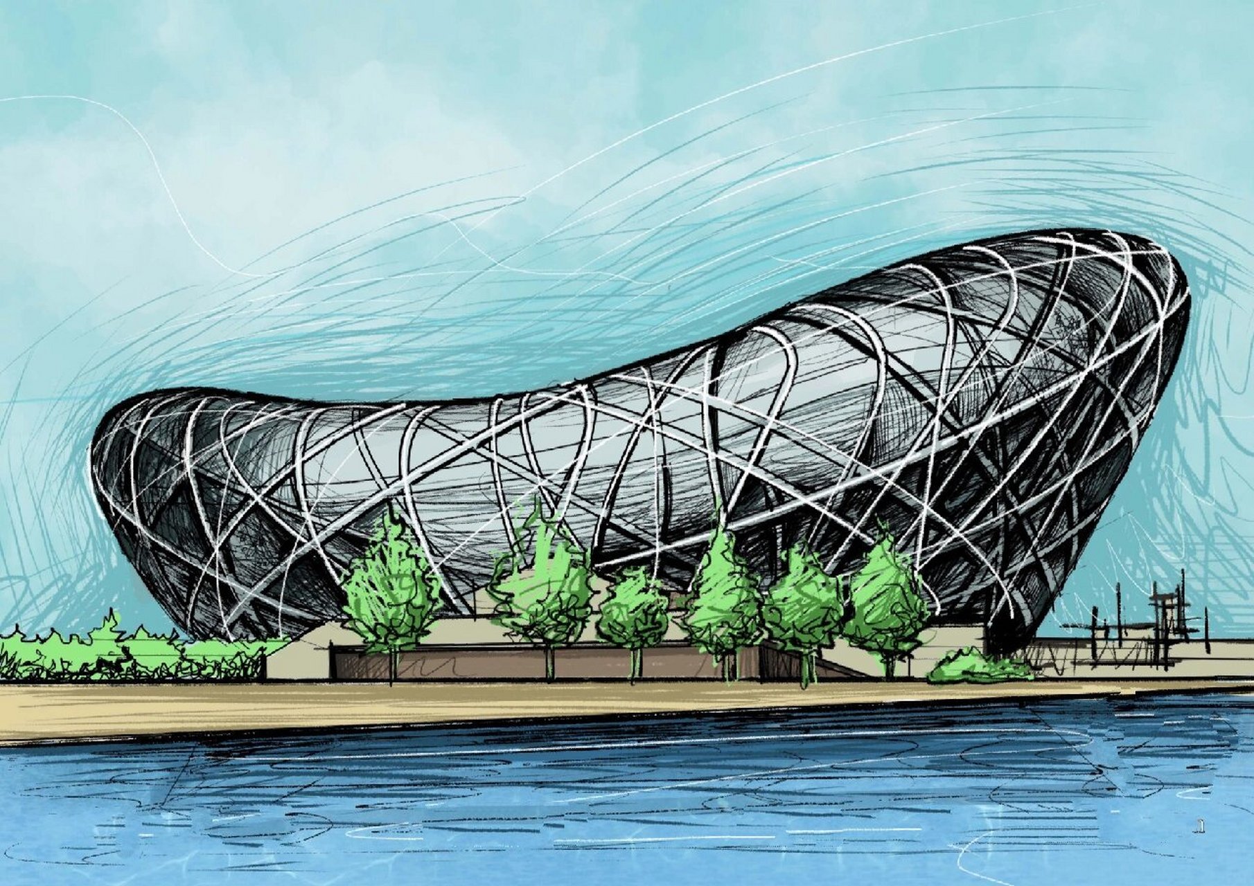 手绘北京61鸟巢(国家体育场)            国家体育场(鸟巢)坐落于