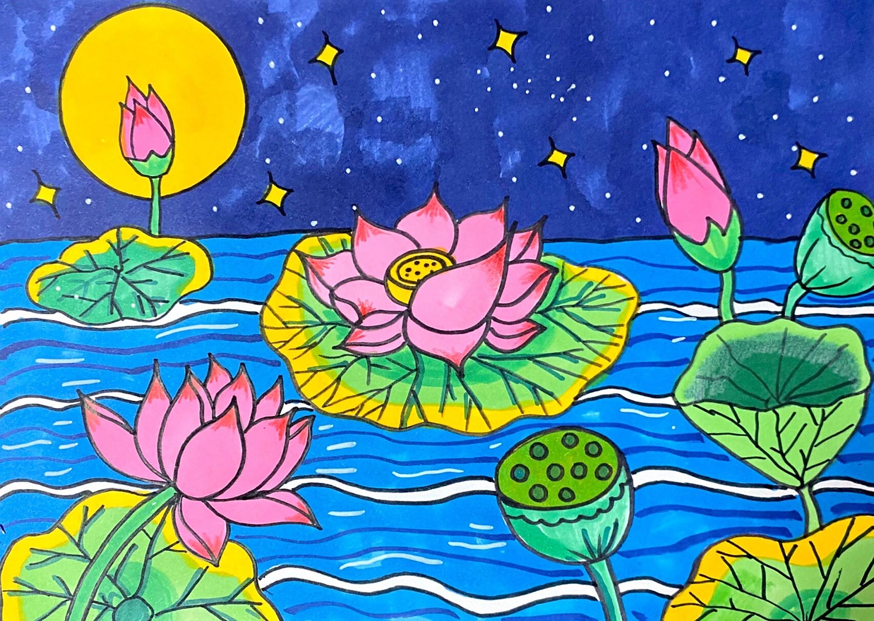 96那么今天这张: 画种:儿童画 作品名称:荷塘月色 荷花池 创作时长