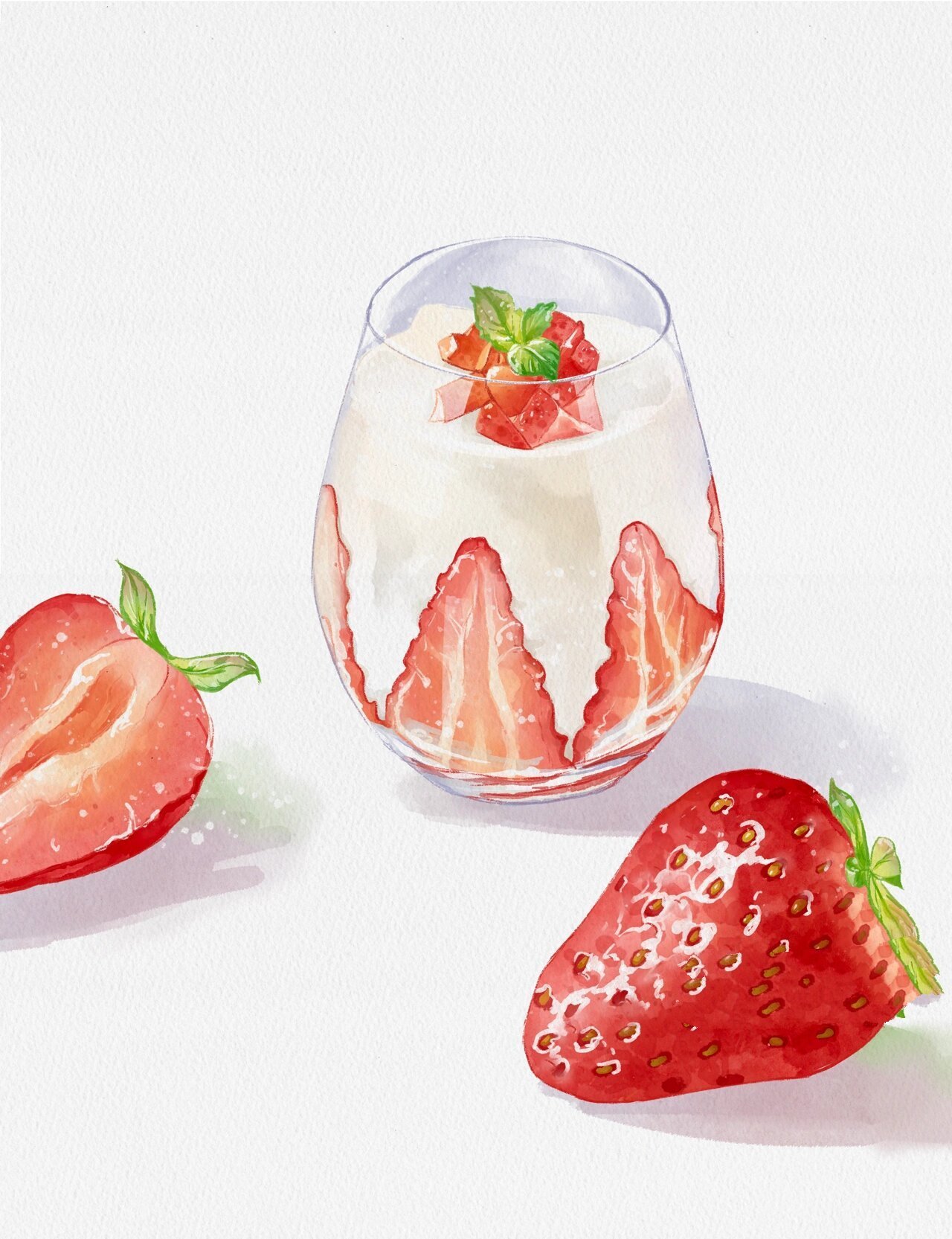 pad水彩绘画9-草莓奶昔(线稿77步骤) 这是我画的第9幅水果了,含草莓