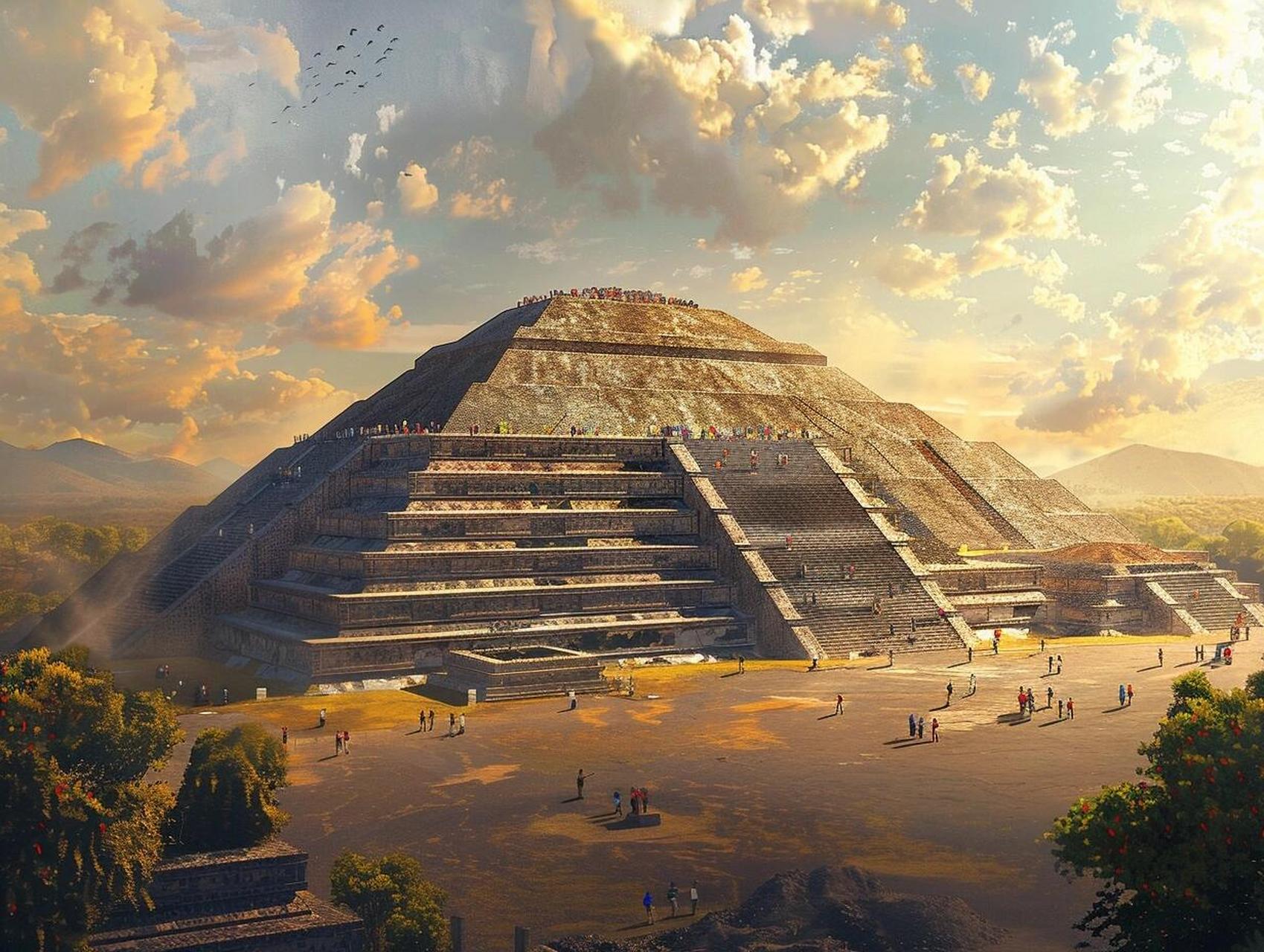 太阳金字塔位于墨西哥城东北50千米处的古城特奥蒂瓦坎遗址.