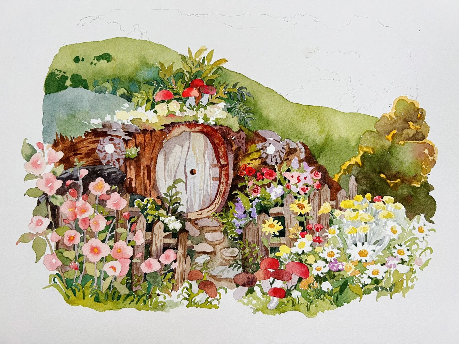 霍比特人小木屋水彩画 欢迎来到美丽的童话世界~但凡少点耐心都画不