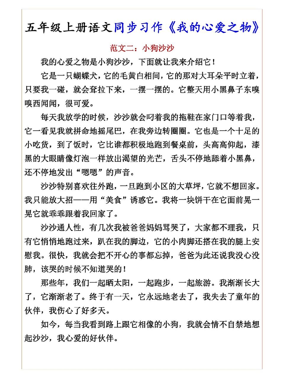 五年级上册语文同步作文《我的心爱之物》 第一单元习作参考