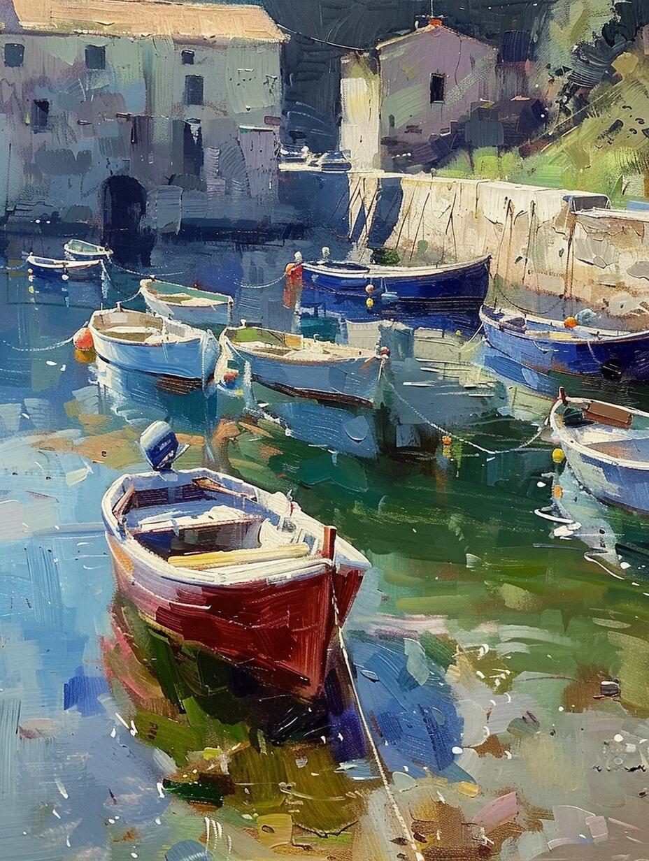 ai油画|夕阳余晖,船影摇曳