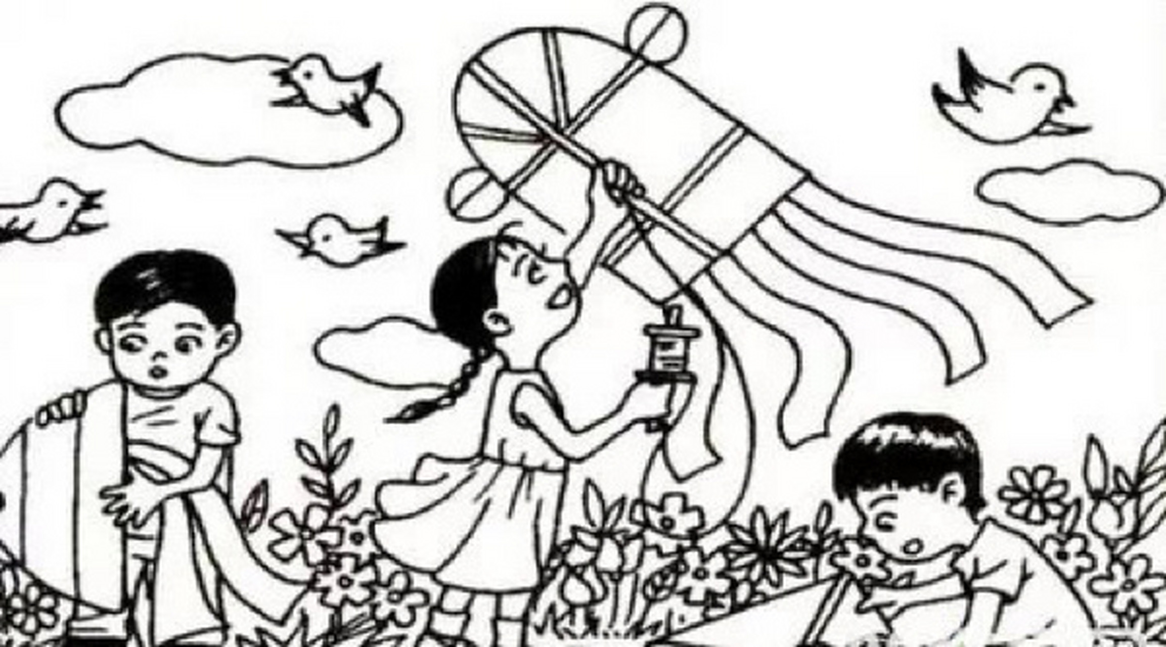 一二年级看图写话:放风筝 一个星期天,小王,小明,小红,小兰,小绿一起