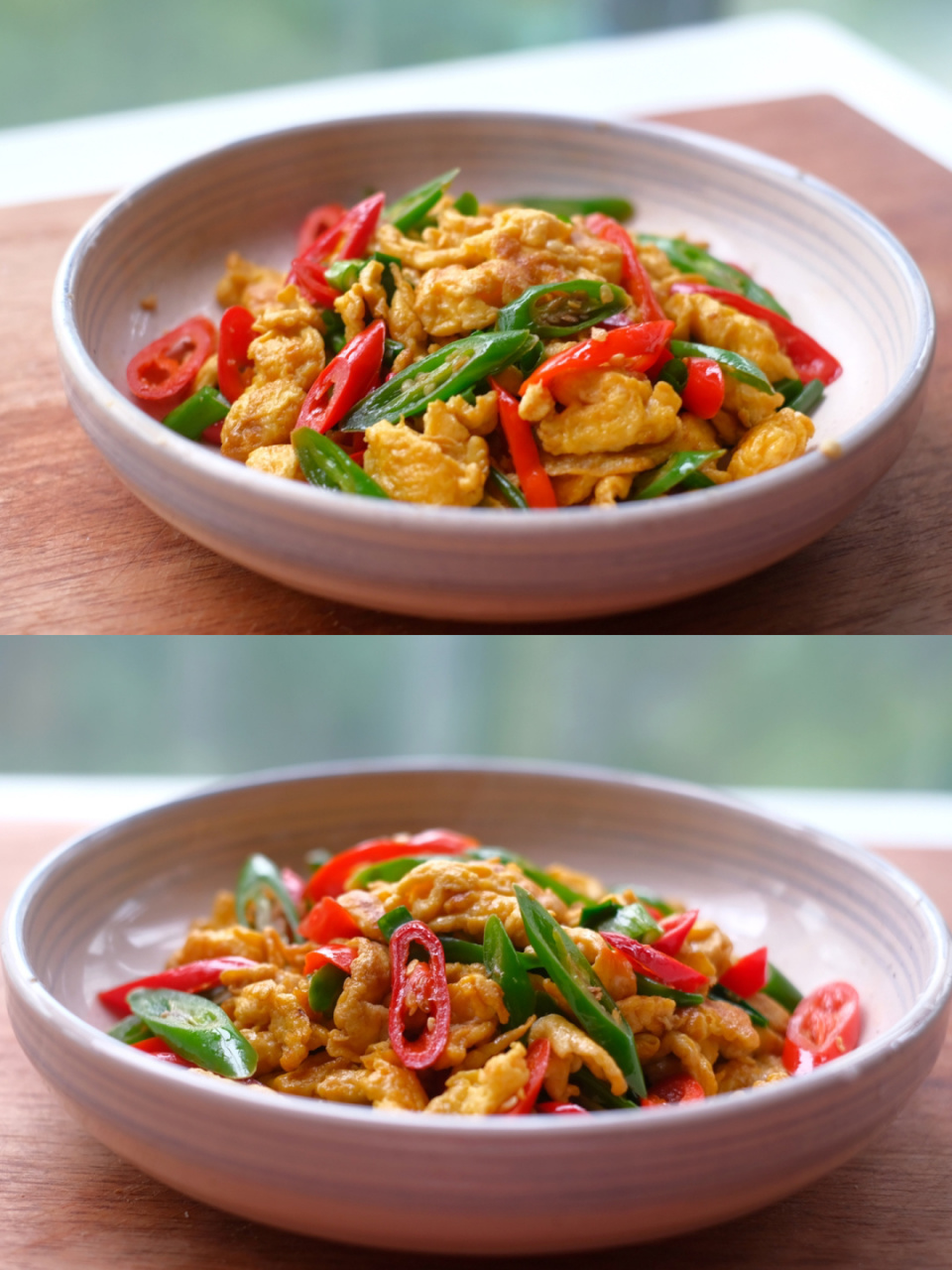 家常简单快手菜|双椒炒蛋 92 	 食材:青,红辣椒 鸡蛋 小葱 	 92