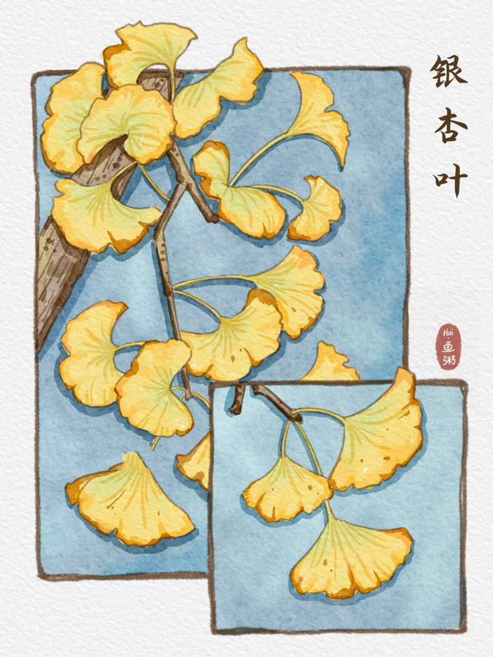 银杏叶|ipad水彩花卉插画(附线稿) 银杏叶的季节到了吗?