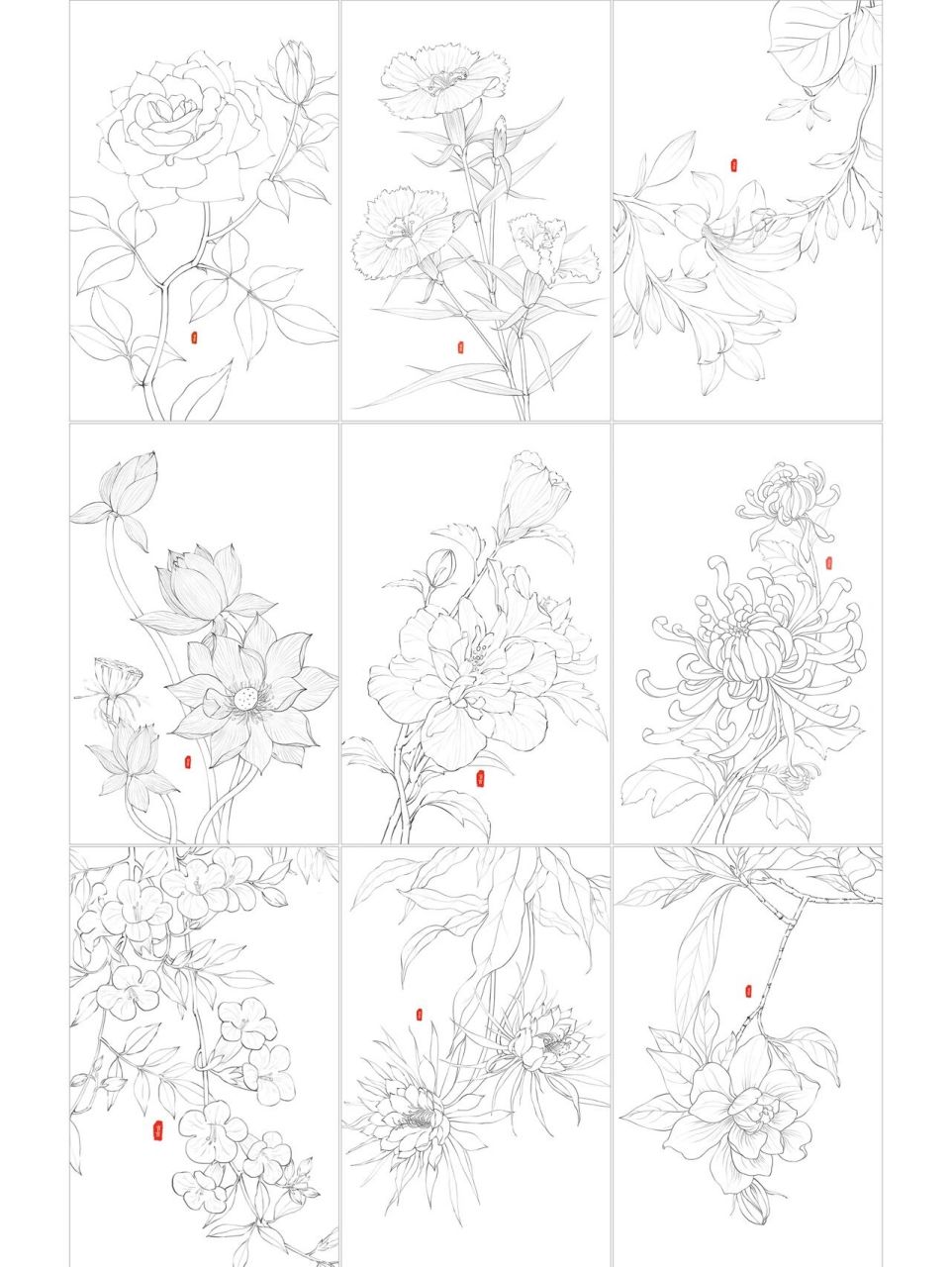 古风线描花卉九宫格 最近的原创线描花卉终于完成9张啦分别是月季