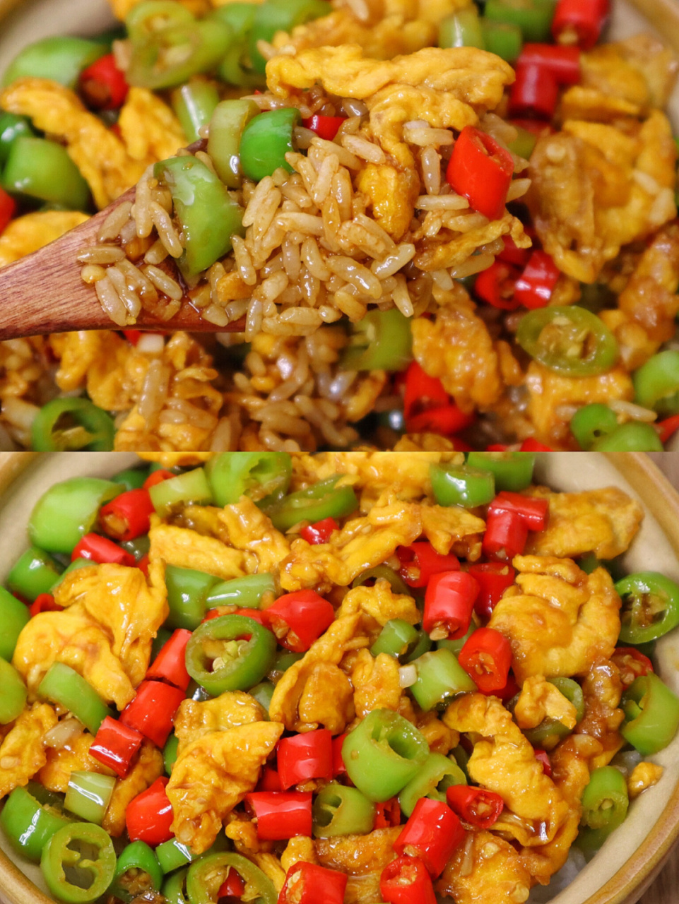 家里今天没什么食材,就做了个双椒鸡蛋拌饭,好吃的超乎想象,不能吃辣