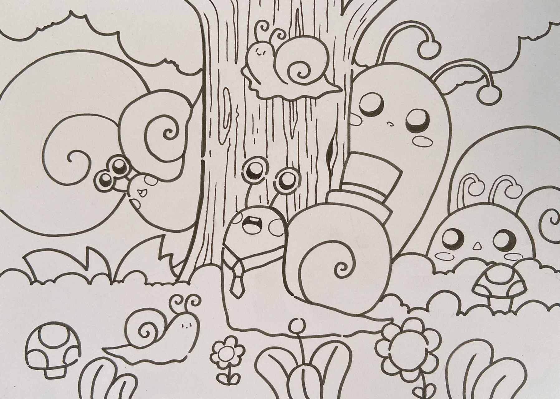 蜗牛家族儿童画森林大树花朵蘑菇简笔画手绘 美术宝 蜗牛城堡 课效