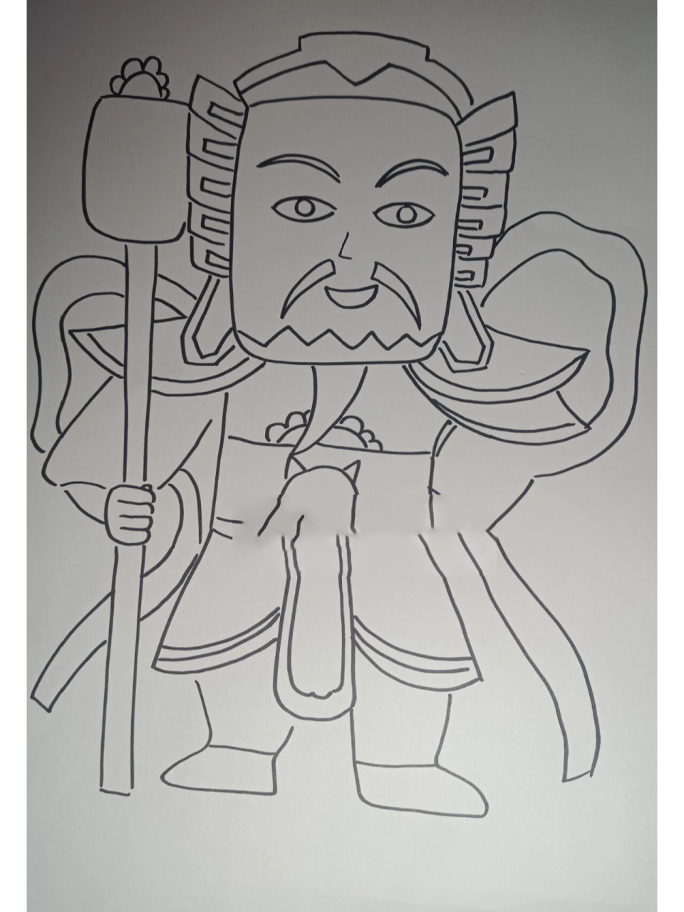 创意美术《新年门神》儿童画 1,工具材料: 马克笔,勾线笔,卡纸 2,适合