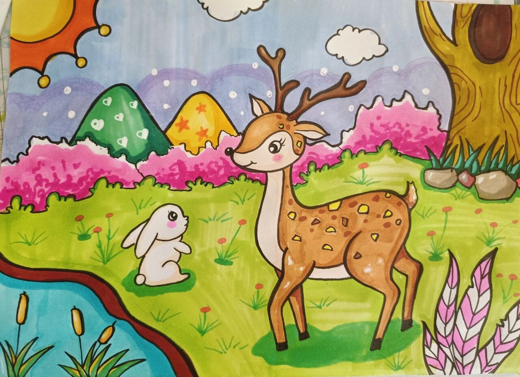 可爱的梅花鹿儿童画,梅花鹿儿童画,儿创画 可爱的梅花鹿