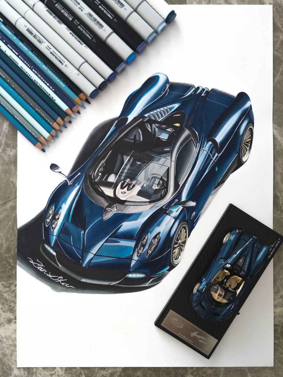 马克笔彩铅手绘 帕加尼huayra 汽车模型 给自己的的ar 1/43帕加尼配幅