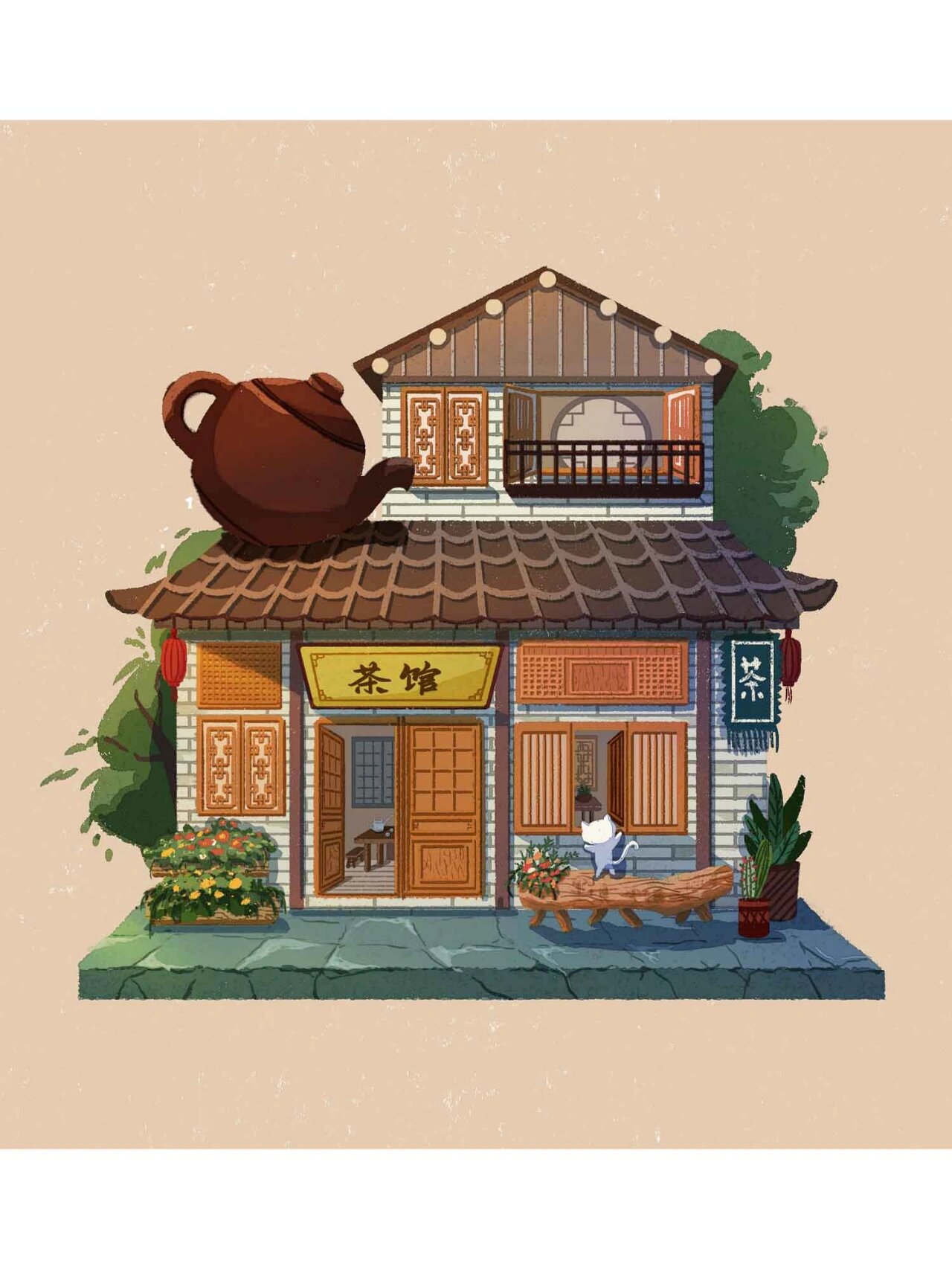 原创插画-小建筑茶楼