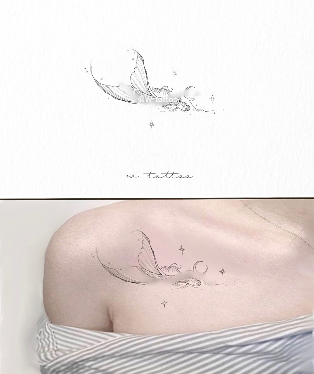 原创纹身图案|人鱼尾海浪锁骨纹身设计手稿 |0469♀159878